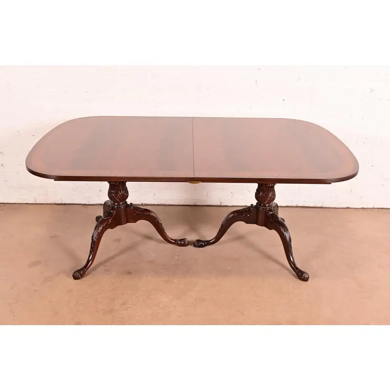 Drexel Heritage Georgian Banded Flame Mahogany Double Pedestal Extension Dining Table, Newly Refinished - Image 9