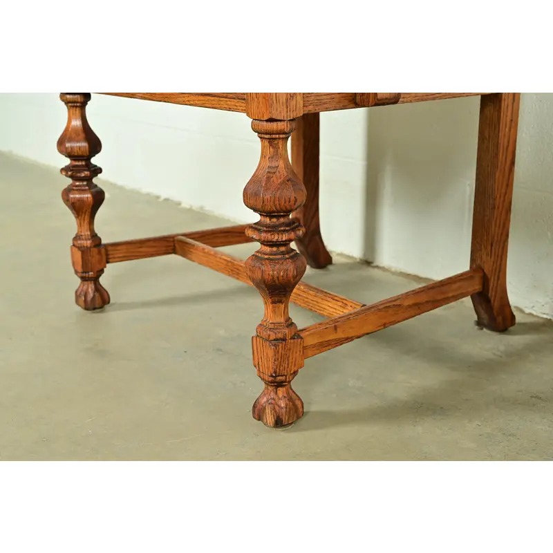 Early Romweber Antique English Jacobean Carved Oak and Burl Wood Armchairs, Pair - Image 9