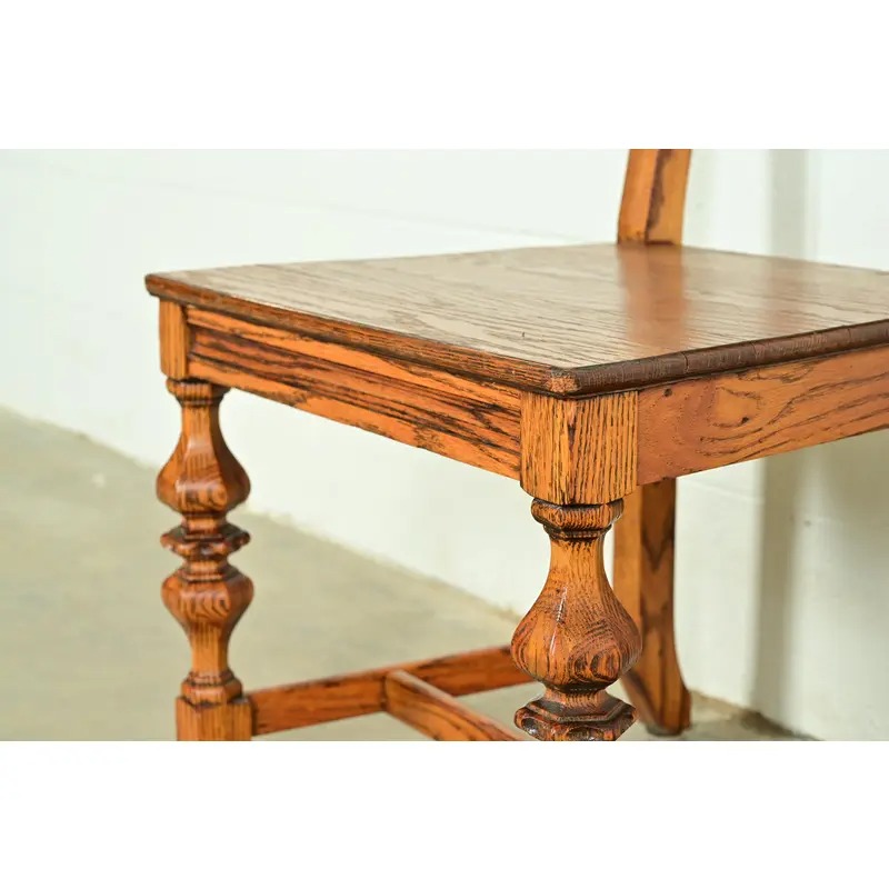 Early Romweber Antique English Jacobean Carved Oak and Burl Wood Side Chairs or Dining Chairs, Pair - Image 9