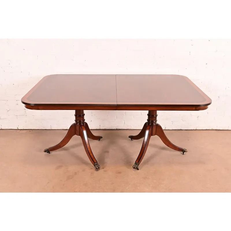 John Widdicomb Georgian Banded Mahogany Double Pedestal Extension Dining Table, Newly Refinished - Image 9