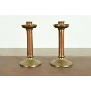 Roycroft Arts & Crafts Brass Finished Hammered Copper Candlesticks, Pair