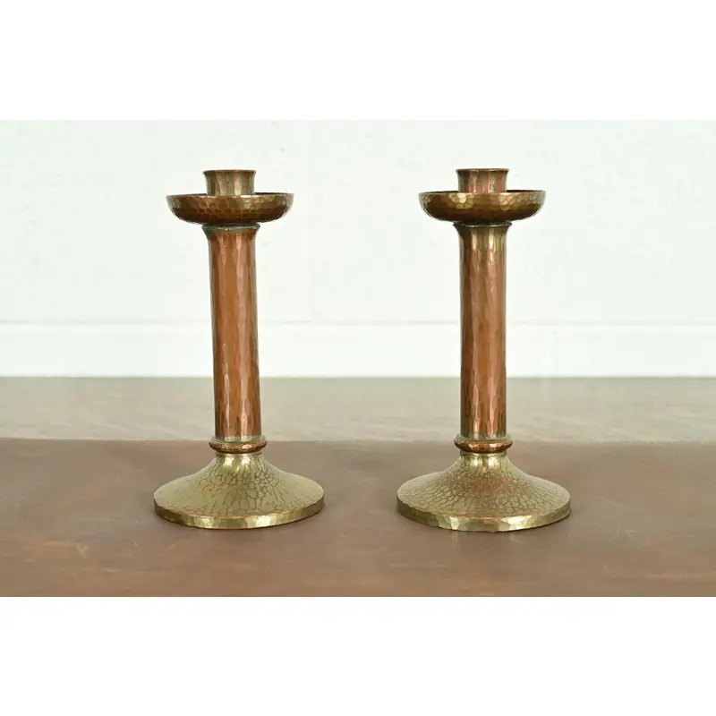 Roycroft Arts & Crafts Brass Finished Hammered Copper Candlesticks, Pair