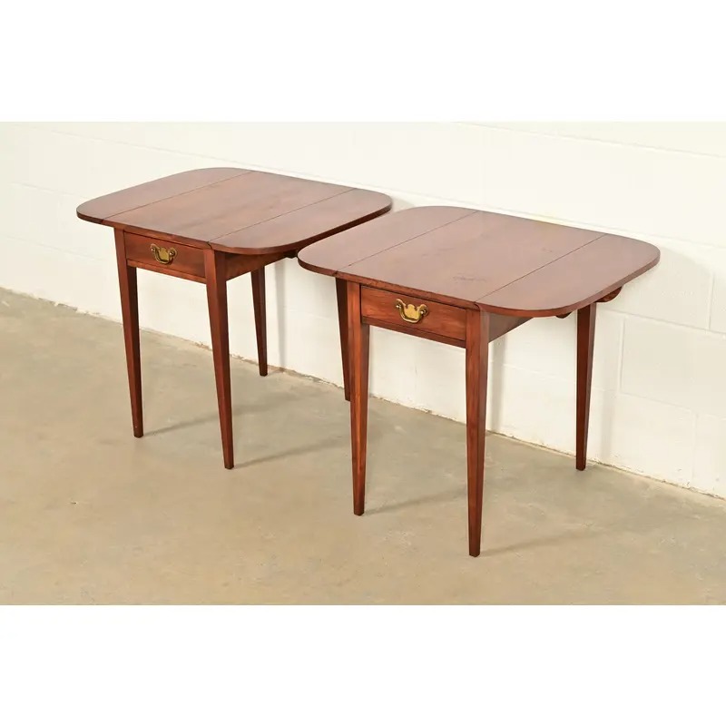 Henkel Harris Georgian Solid Cherry Wood Drop Leaf Pembroke Side Tables, Pair - Image 11