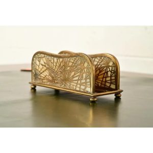 Tiffany Studios New York Pine Needle Bronze Doré and Favrile Slag Glass Letter Rack