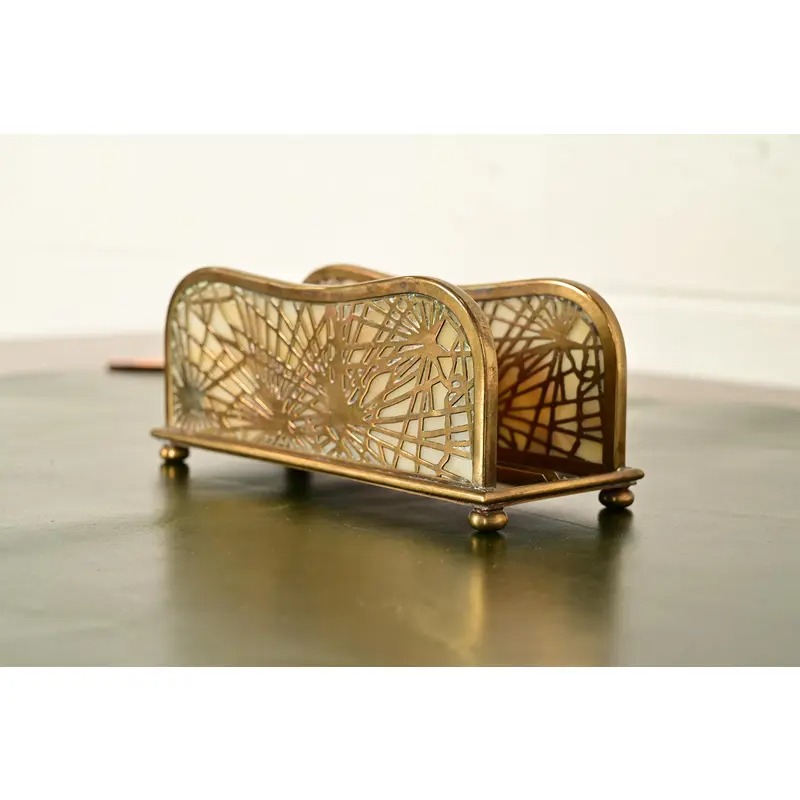 Tiffany Studios New York Pine Needle Bronze Doré and Favrile Slag Glass Letter Rack