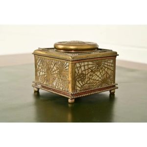 Tiffany Studios New York Pine Needle Bronze Doré and Favrile Slag Glass Inkwell