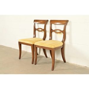 Kindel Furniture Style Regency Carved Walnut Side Chairs or Dining Chairs, Pair