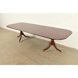 Baker Furniture Style Georgian Banded Mahogany Double Pedestal Extension Dining Table, Newly Refinished