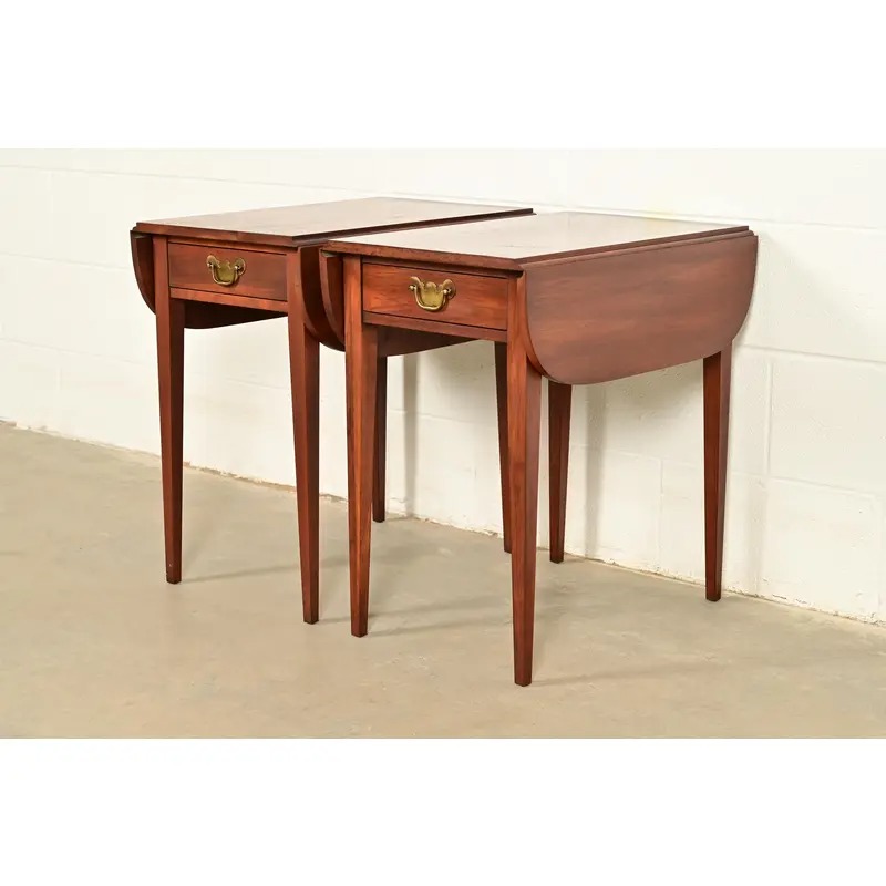 Henkel Harris Georgian Solid Cherry Wood Drop Leaf Pembroke Side Tables, Pair