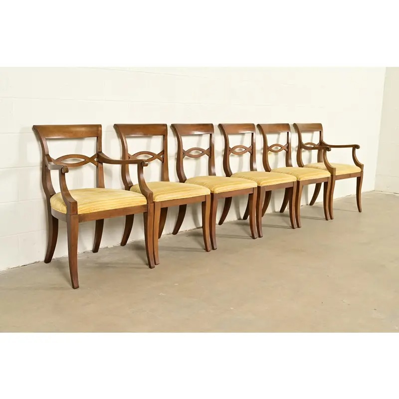 Kindel Furniture Style Regency Carved Walnut Dining Chairs, Set of Six