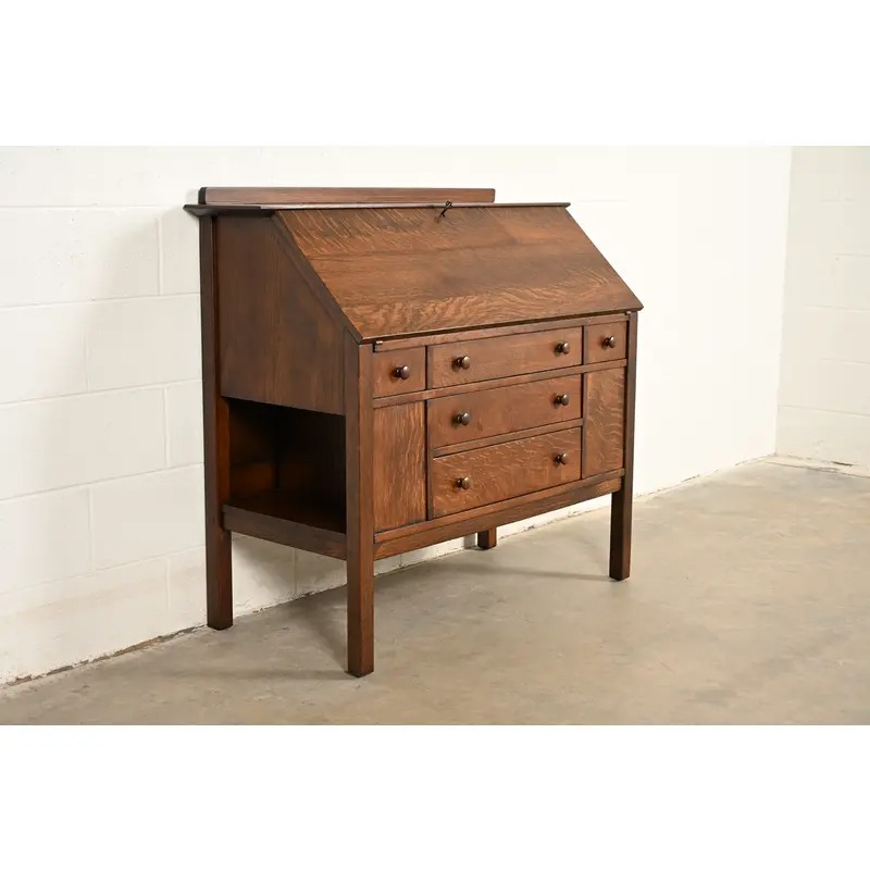 L. & J. G. Stickley Antique Mission Oak Arts & Crafts Drop Front Secretary Desk, Newly Refinished