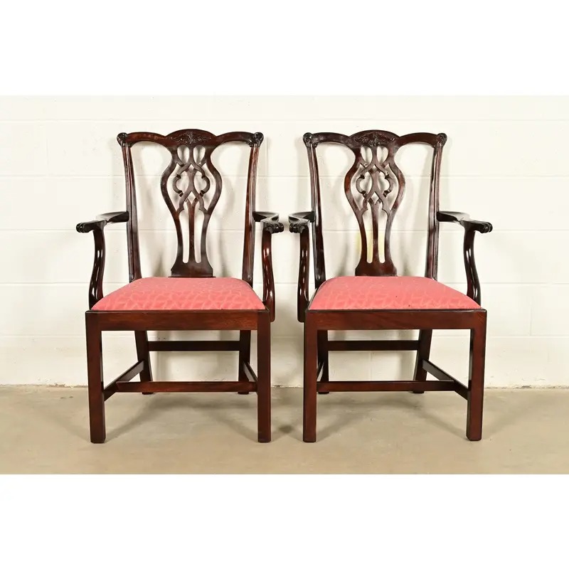 Stickley Georgian Carved Mahogany Armchairs, Pair