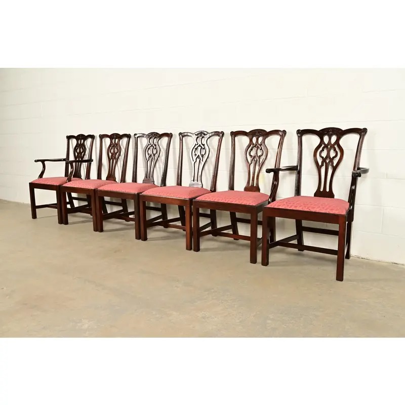 Stickley Georgian Carved Mahogany Dining Chairs, Set of Six