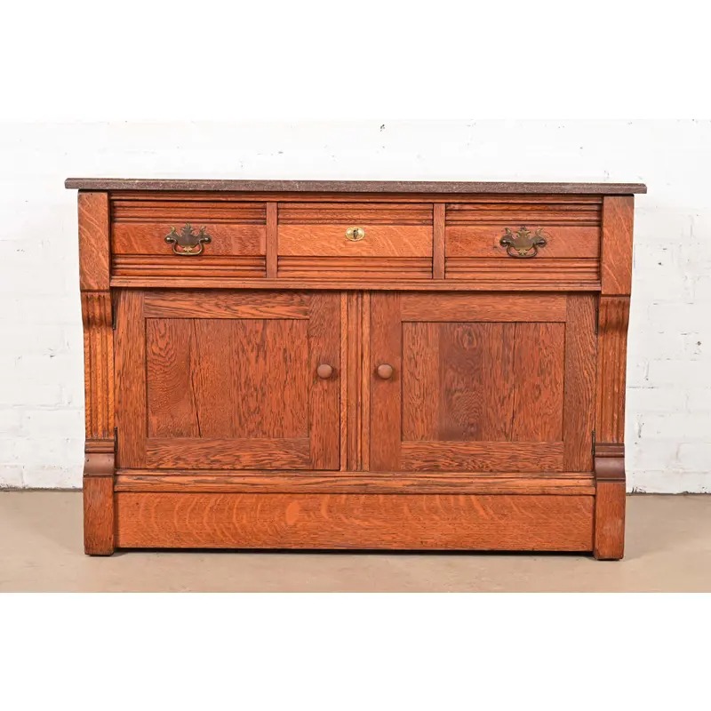 Antique Victorian Carved Oak Marble Top Sideboard Buffet or Bar Cabinet, Circa 1890s - Image 2