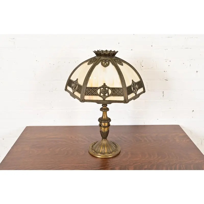 Bradley & Hubbard Antique Art Nouveau Slag Glass Table Lamp, Circa 1910 - Image 2