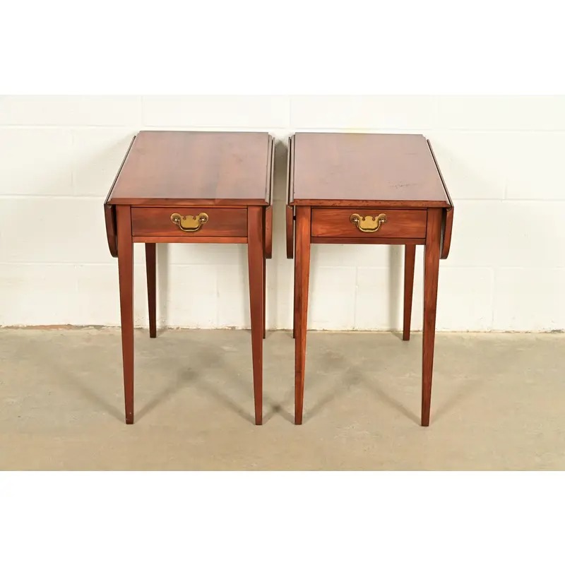 Henkel Harris Georgian Solid Cherry Wood Drop Leaf Pembroke Side Tables, Pair - Image 2