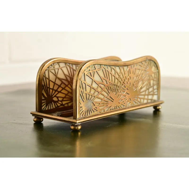 Tiffany Studios New York Pine Needle Bronze Doré and Favrile Slag Glass Letter Rack - Image 2