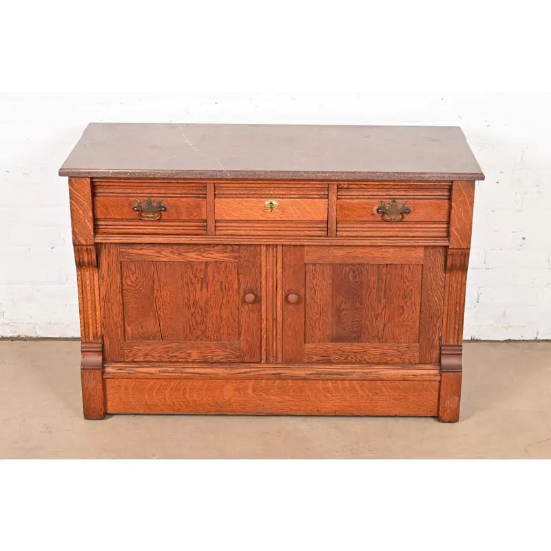 Antique Victorian Carved Oak Marble Top Sideboard Buffet or Bar Cabinet, Circa 1890s - Image 3