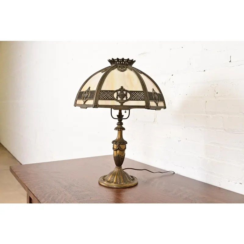 Bradley & Hubbard Antique Art Nouveau Slag Glass Table Lamp, Circa 1910 - Image 3