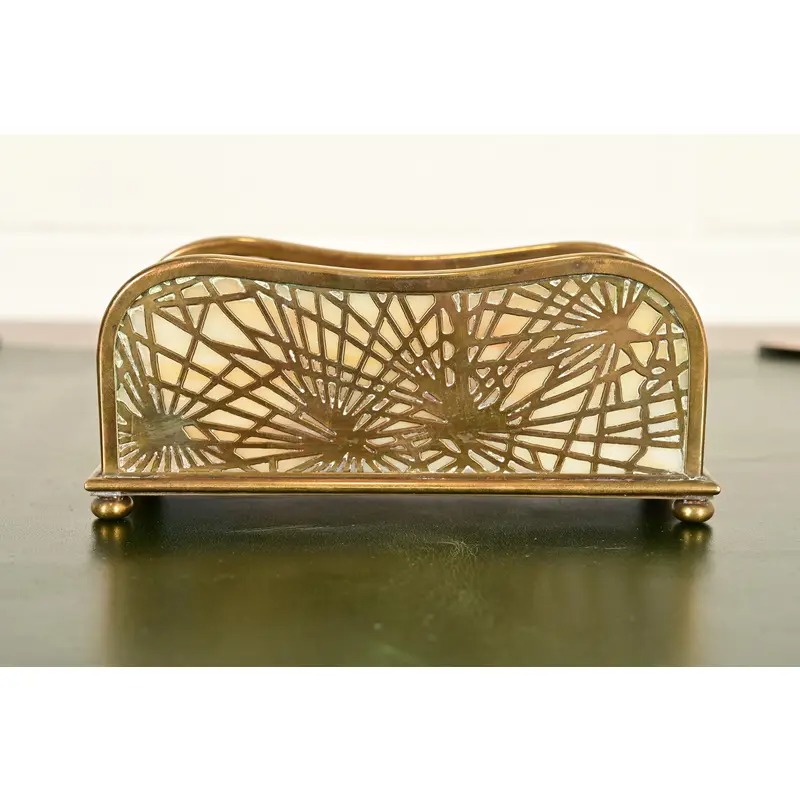 Tiffany Studios New York Pine Needle Bronze Doré and Favrile Slag Glass Letter Rack - Image 3