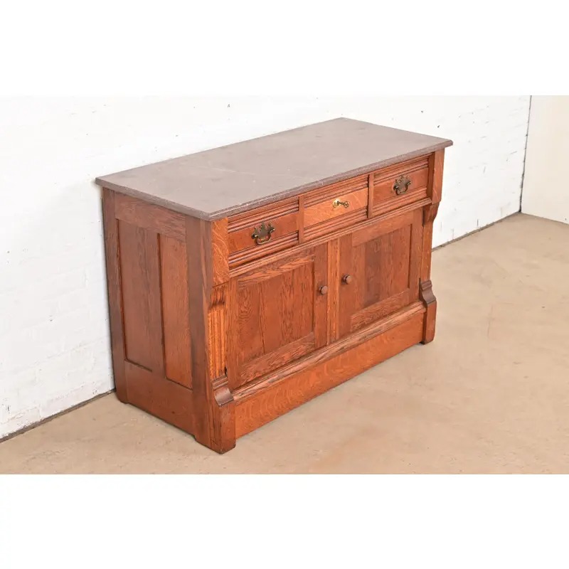 Antique Victorian Carved Oak Marble Top Sideboard Buffet or Bar Cabinet, Circa 1890s - Image 4