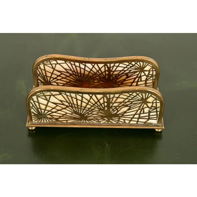 Tiffany Studios New York Pine Needle Bronze Doré and Favrile Slag Glass Letter Rack - Image 4
