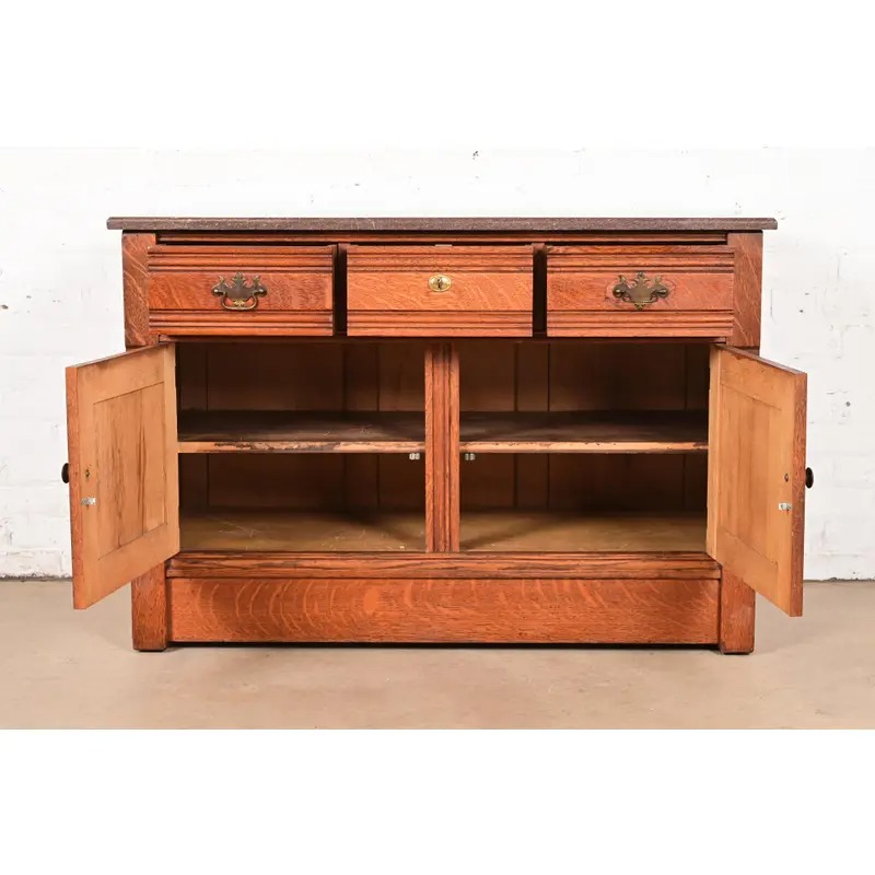 Antique Victorian Carved Oak Marble Top Sideboard Buffet or Bar Cabinet, Circa 1890s - Image 5