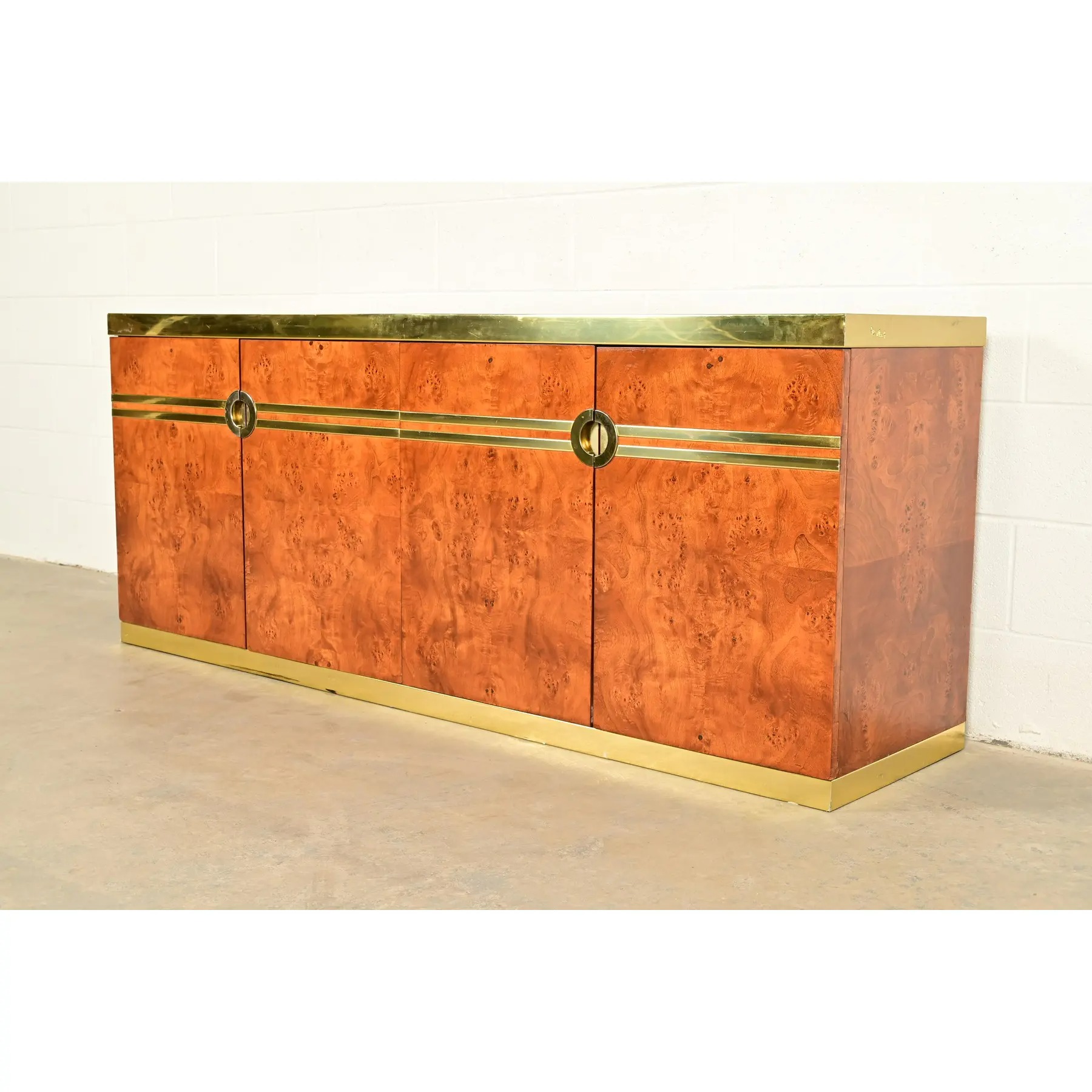 Pierre Cardin Mid-Century Modern Burl Wood and Brass Sideboard Credenza, 1970s - Image 4