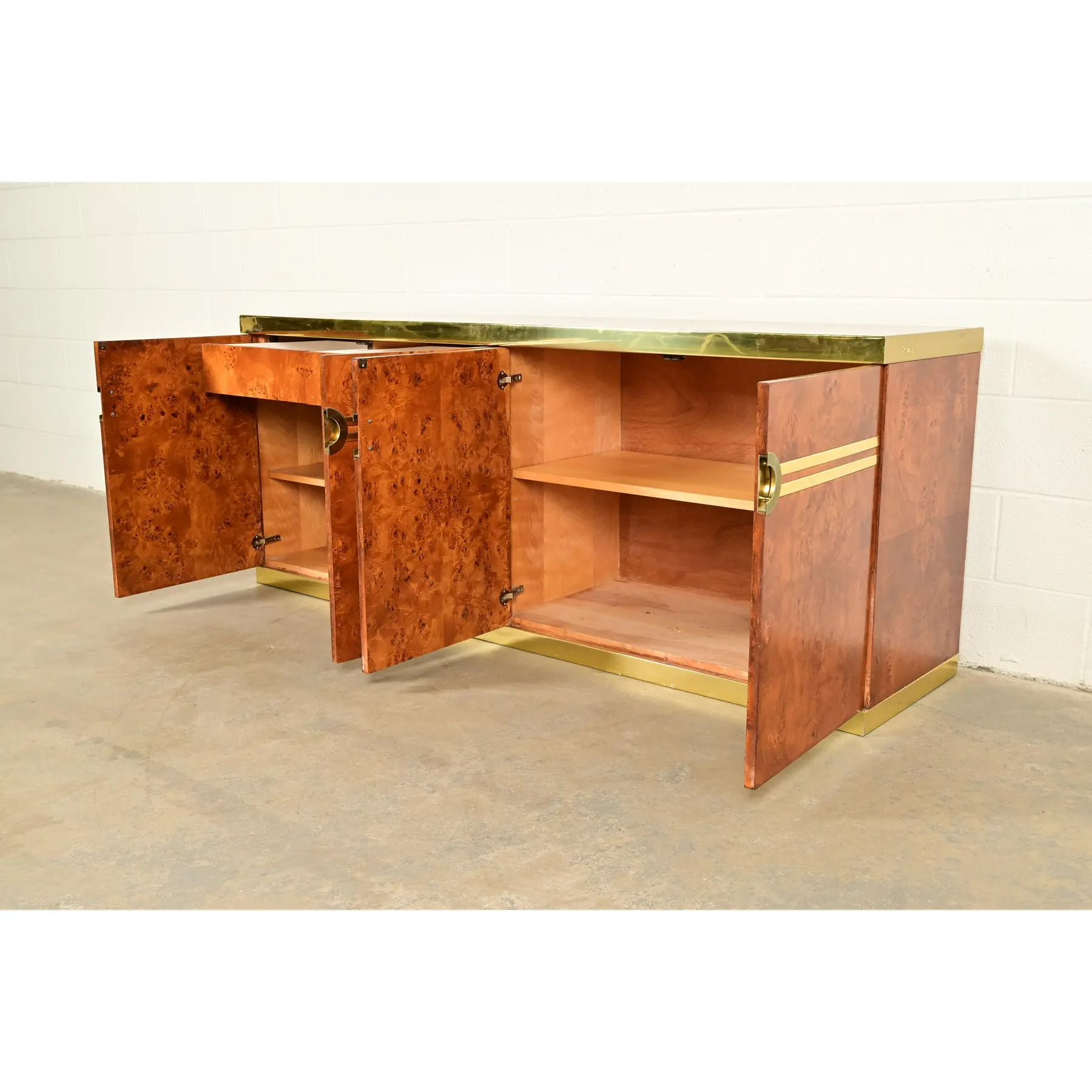 Pierre Cardin Mid-Century Modern Burl Wood and Brass Sideboard Credenza, 1970s - Image 6