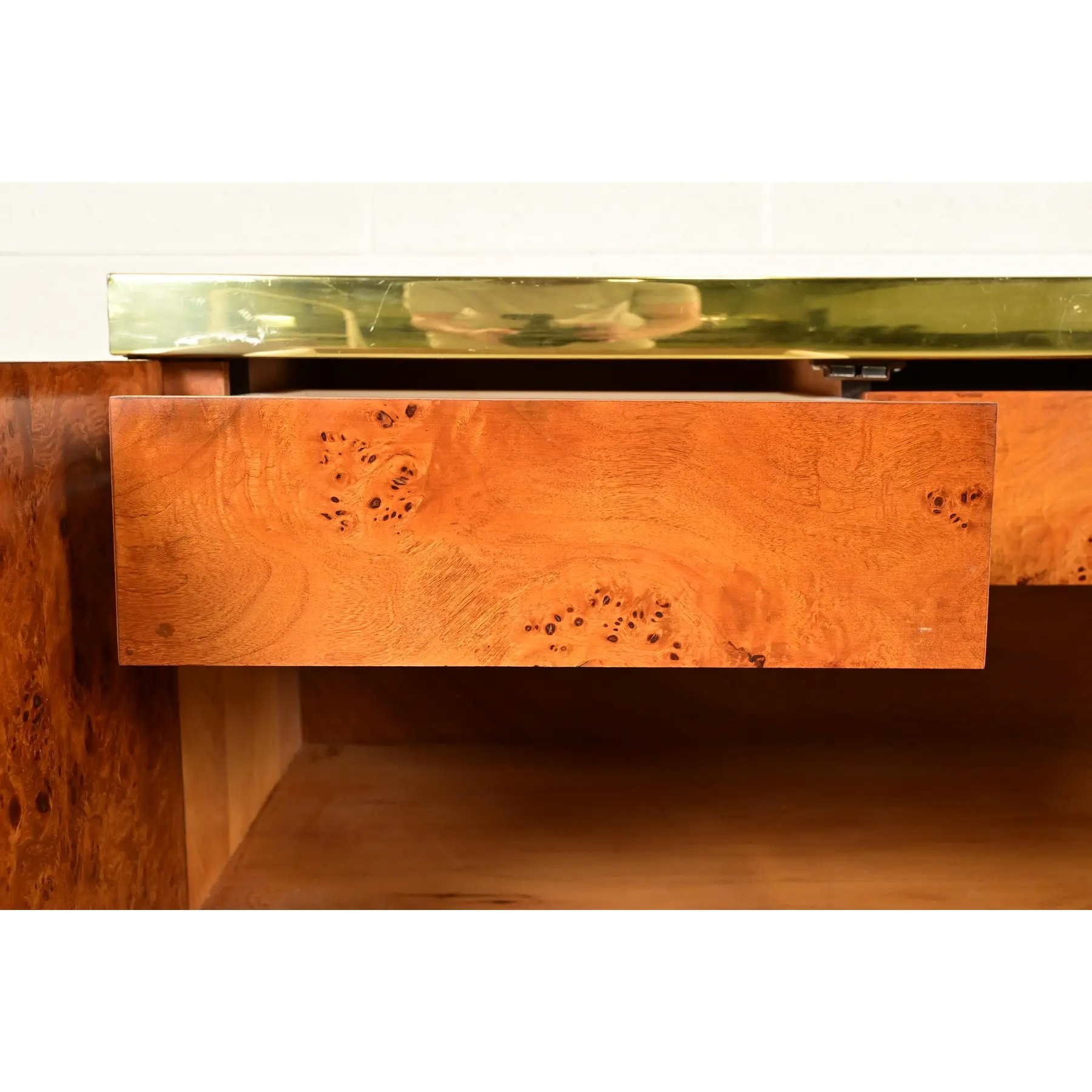 Pierre Cardin Mid-Century Modern Burl Wood and Brass Sideboard Credenza, 1970s - Image 9