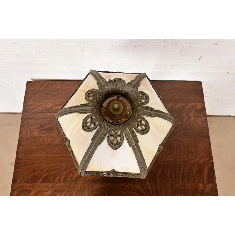 Bradley & Hubbard Antique Art Nouveau Slag Glass Table Lamp, Circa 1910 - Image 6