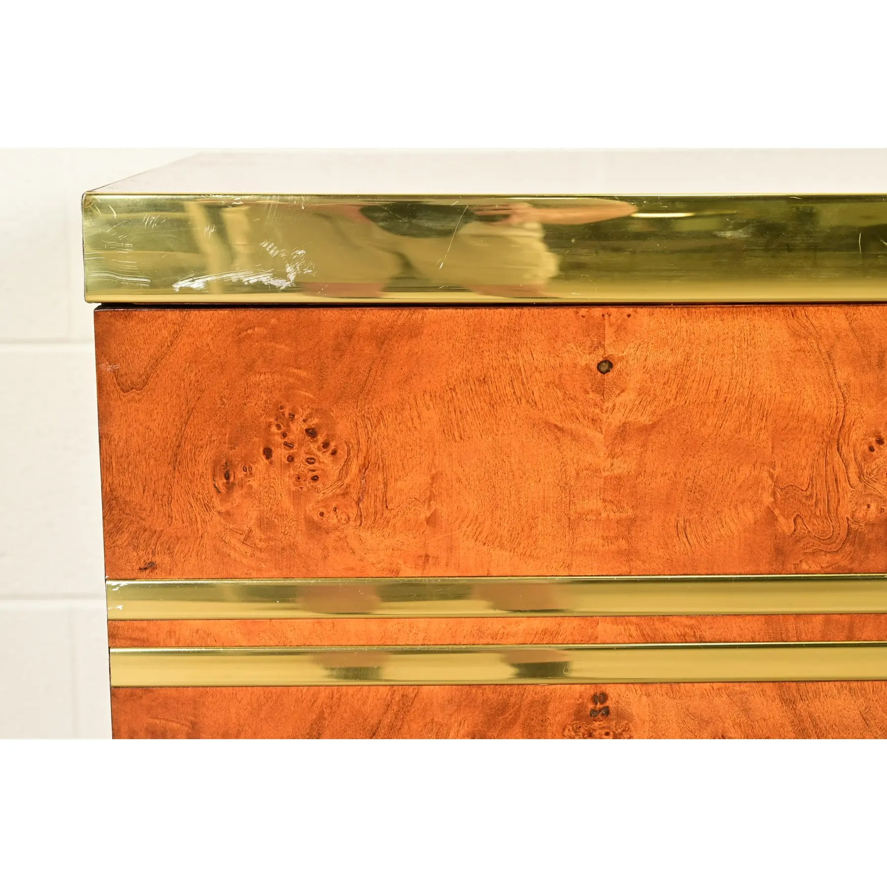 Pierre Cardin Mid-Century Modern Burl Wood and Brass Sideboard Credenza, 1970s - Image 10