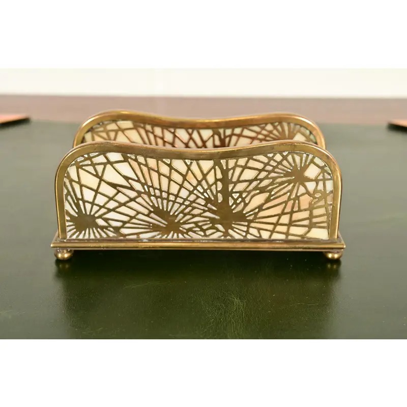 Tiffany Studios New York Pine Needle Bronze Doré and Favrile Slag Glass Letter Rack - Image 7
