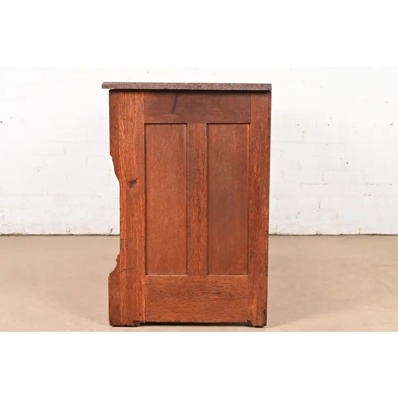 Antique Victorian Carved Oak Marble Top Sideboard Buffet or Bar Cabinet, Circa 1890s - Image 9