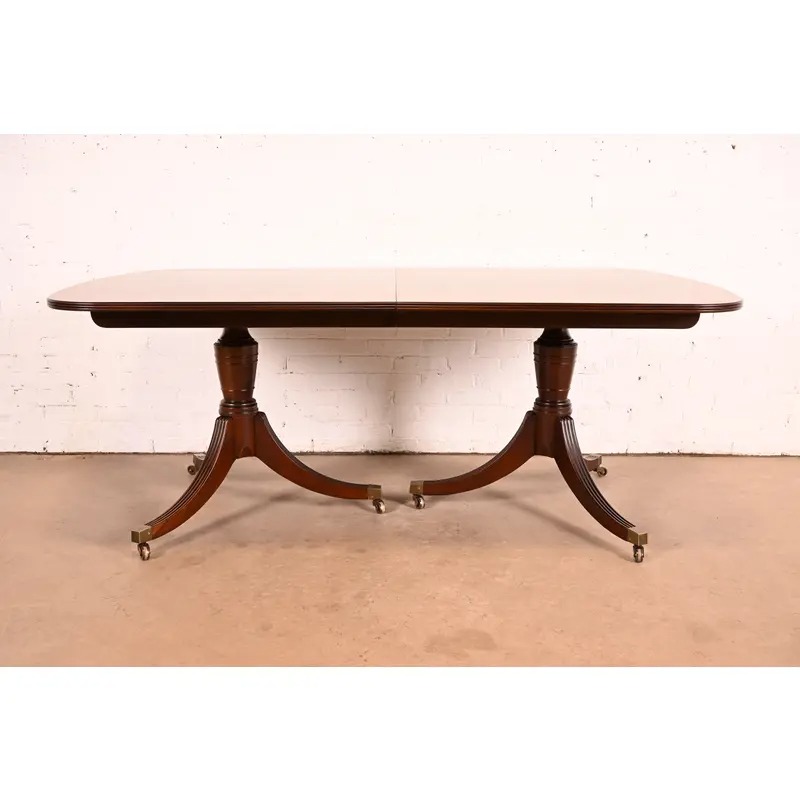 Baker Furniture Georgian Banded Mahogany Double Pedestal Extension Dining Table | Newly Refinished - Image 10