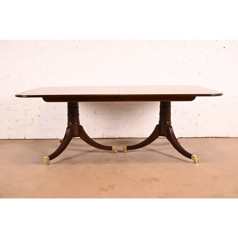 Baker Furniture Stately Homes Georgian Banded Mahogany Double Pedestal Extension Dining Table | Newly Refinished - Image 10