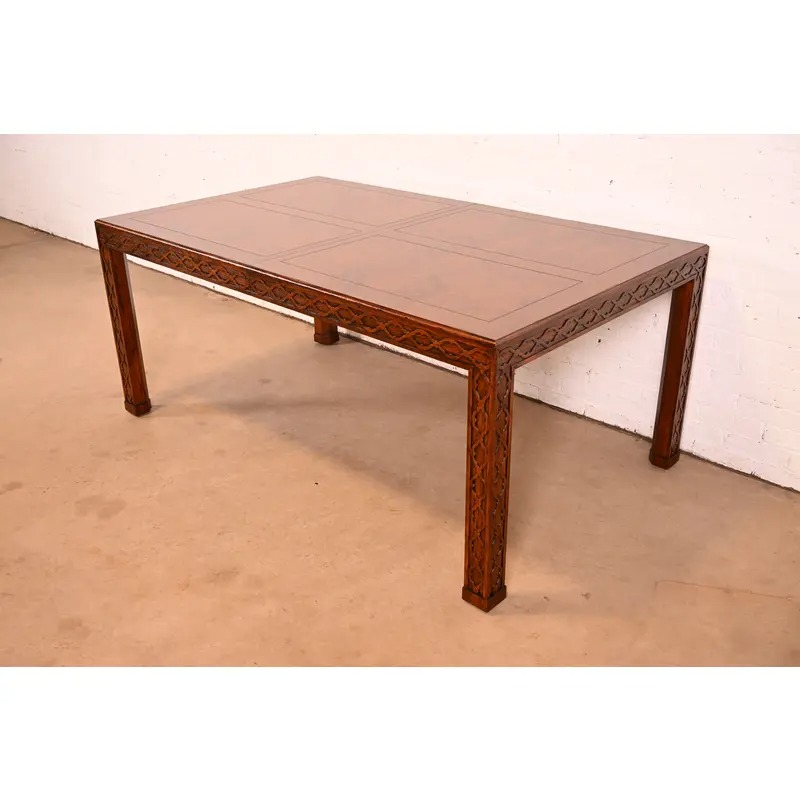 Henredon Mid-Century Modern Hollywood Regency Oak and Burl Wood Extension Dining Table, Newly Refinished - Image 10