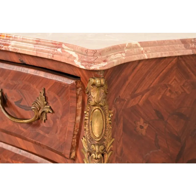 Paul Sormani Style Antique French Provincial Louis XV Kingwood Inlaid Marquetry Marble Top Commode With Mounted Ormolu | Circa 1920s - Image 10