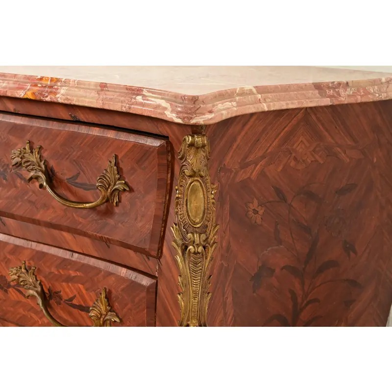 Paul Sormani Style Antique French Provincial Louis XV Kingwood Inlaid Marquetry Marble Top Commodes With Mounted Ormolu | Pair - Image 10