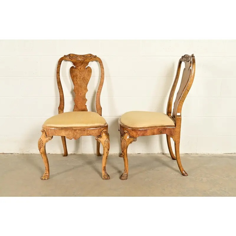 18th Century Antique Thomas Chippendale Period Carved Burl Wood Side Chairs or Dining Chairs, Pair - Image 11