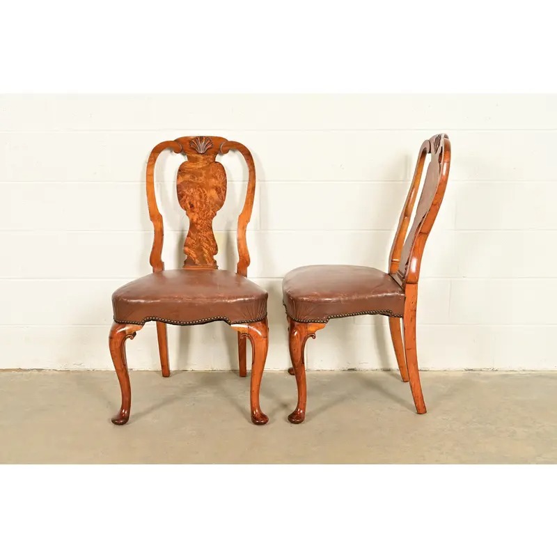 Antique English Queen Anne Burl Wood Side Chairs or Dining Chairs, Circa 1860s - Image 11