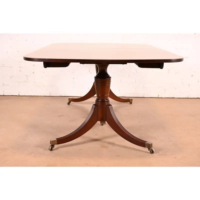 Baker Furniture Georgian Banded Mahogany Double Pedestal Extension Dining Table | Newly Refinished - Image 11