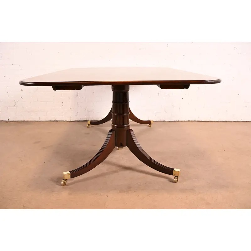 Baker Furniture Stately Homes Georgian Banded Mahogany Double Pedestal Extension Dining Table | Newly Refinished - Image 11