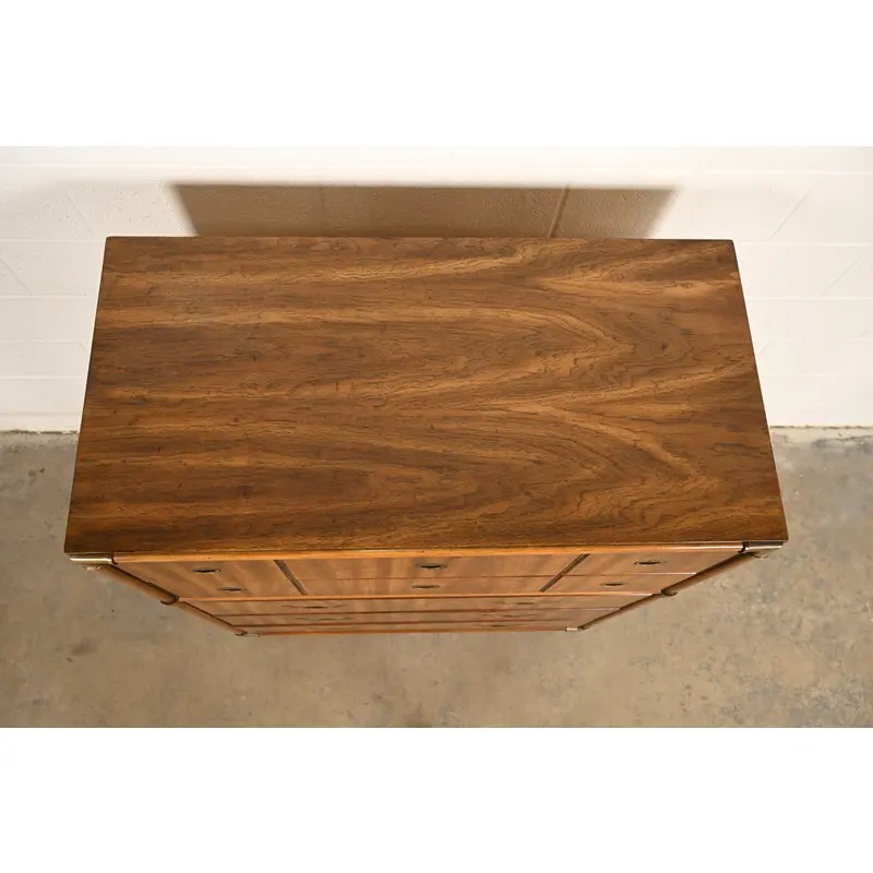 Drexel Heritage Mid-Century Modern Hollywood Regency Campaign Walnut Highboy Dresser, 1970s - Image 11