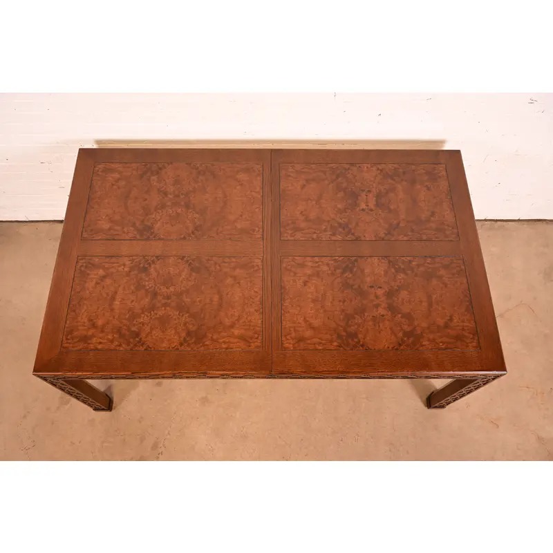Henredon Mid-Century Modern Hollywood Regency Oak and Burl Wood Extension Dining Table, Newly Refinished - Image 11