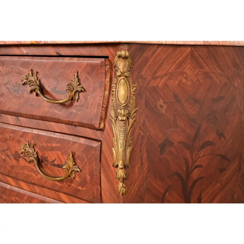 Paul Sormani Style Antique French Provincial Louis XV Kingwood Inlaid Marquetry Marble Top Commode With Mounted Ormolu | Circa 1920s - Image 11