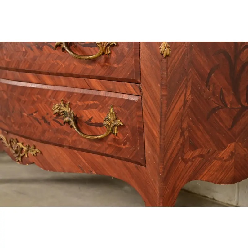 Paul Sormani Style Antique French Provincial Louis XV Kingwood Inlaid Marquetry Marble Top Commodes With Mounted Ormolu | Pair - Image 11