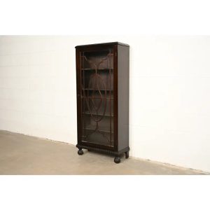R. J. Horner Style Antique American Empire Carved Mahogany Glass Front Bookcase Cabinet, Circa 1890s