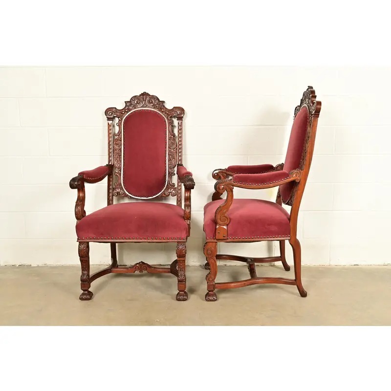 R. J. Horner Style Antique Renaissance Revival Carved Walnut Armchairs | Pair - Image 11
