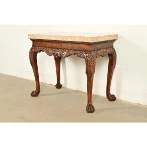 Baker Furniture Chippendale Carved Walnut Marble Top Console Table With Paw Feet